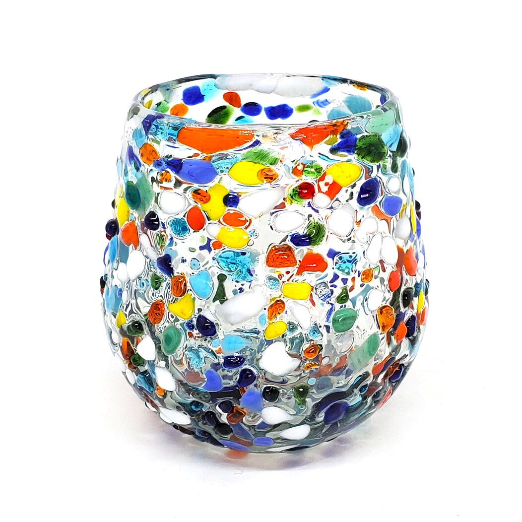 MEXICAN GLASSWARE / Confetti Rocks 16 oz Stemless Wine Glasses (set of 6) / Let the spring come into your home with this colorful set of glasses. The multicolor glass rocks decoration makes them a standout in any place.